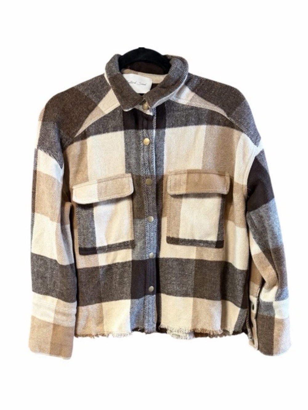 Mustard Seed Plaid Cropped Raw Hem Shacket